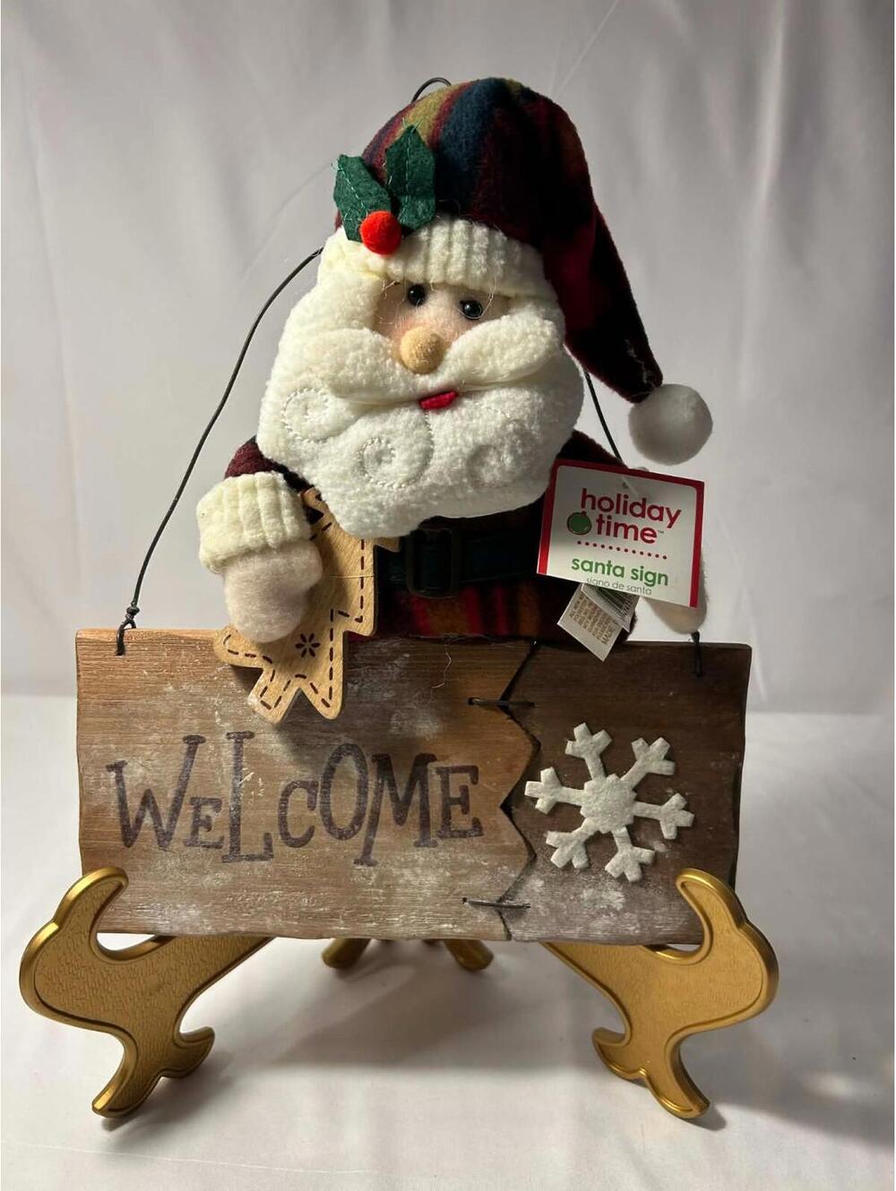 Holiday Time Santa Welcome Sign Christmas Hanging Decor Plush Wood Wall Sign NEW